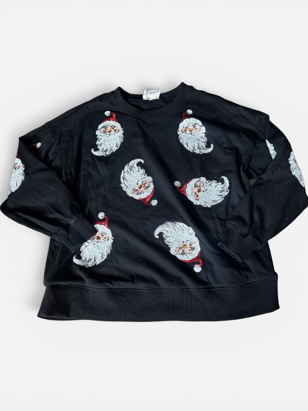 Black Santa Print Crewneck Sweater, Womens Small, Oversized Holiday Crewneck